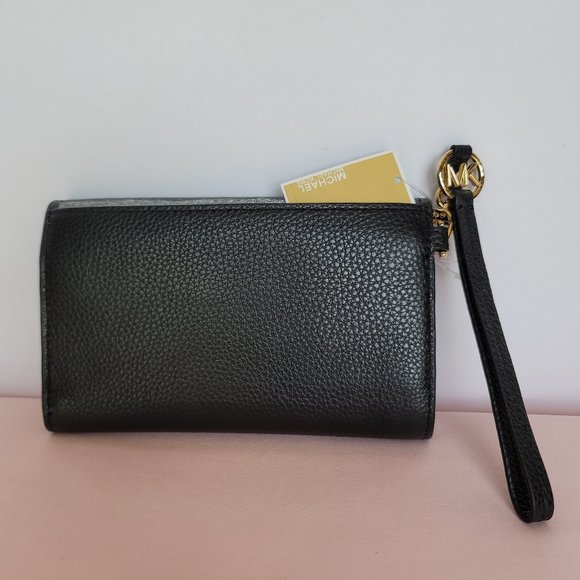 MICHAEL KORS Jet Set Charm Pebble Leather Large Flap Phone Wristlet-Black - Picture 7 of 16